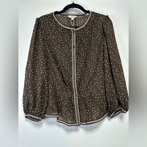 Max Studio Brown Polka Dot Blouse Sheer Balloon Sleeve Button Front Top Size M
